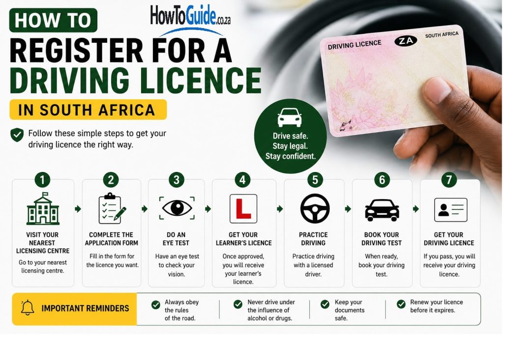 Infographic guide for South African driving licence registration and K53 test preparation.