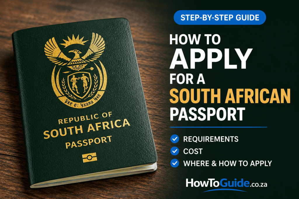 A South African smart ID card and green ID book placed next to a passport application form.
