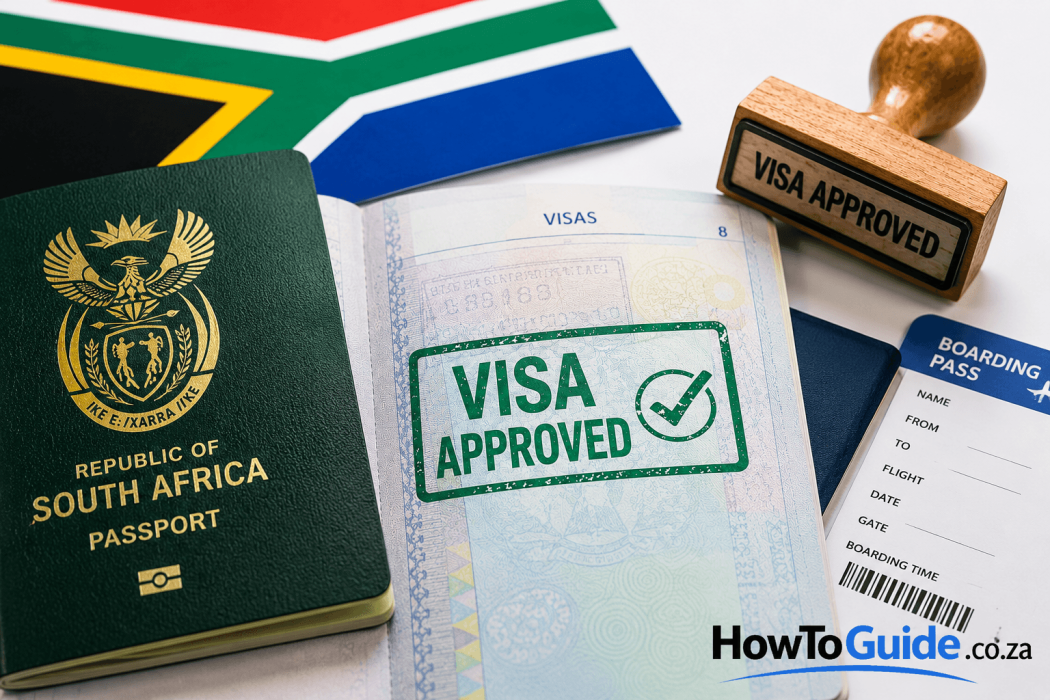 A passport being stamped next to a travel itinerary and laptop for a South African visa application.